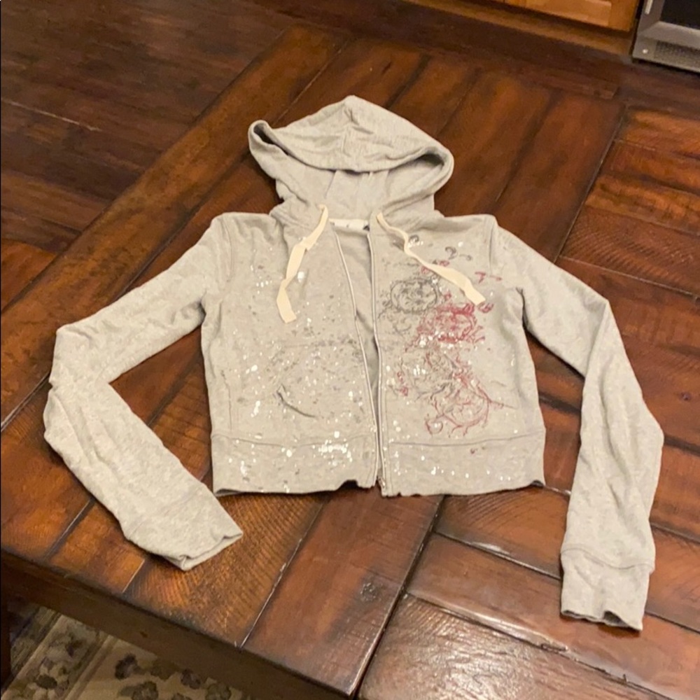 Super soft grey zip up hoodie with paint splatter